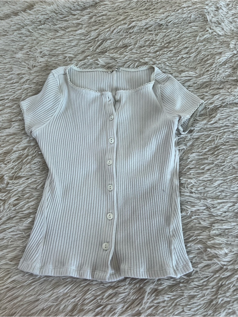 Free People Ribbed Button-Front Short Sleeve Top - Cream - Picture 1 of 2